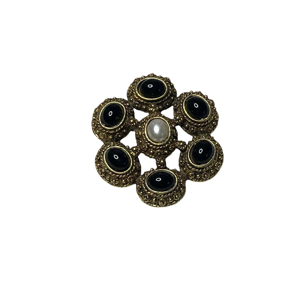 Vintage Black Cabochon Faux Pearl Gold Tone Brooch Pin Costume Jewelry 2”